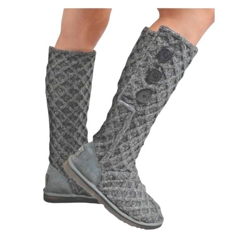 UGG Lattice Cardy Charcoal Grey Crochet Knit Tall Button Boots Womens 9